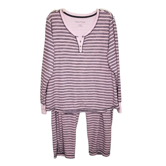 Nautica Fleece Long Pajama Sleepwear Set Pink and Navy Stripe Size XXL lounge - Picture 1 of 7